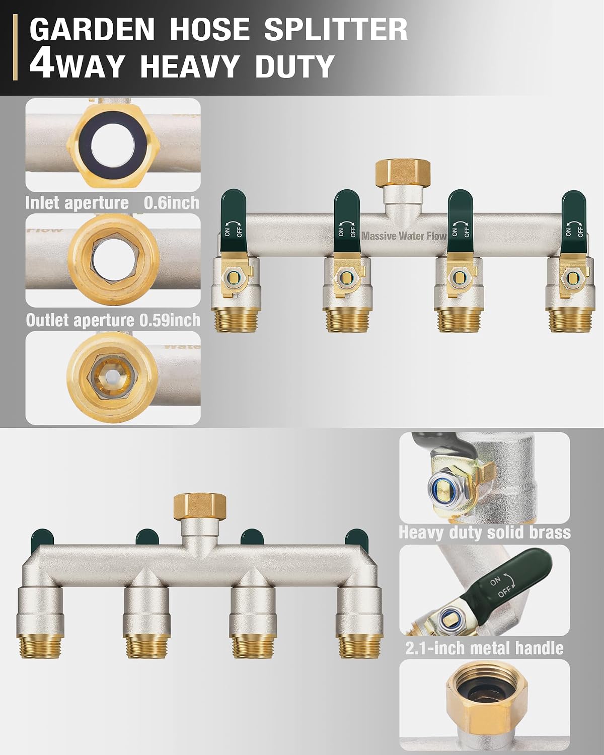 Detalle de HugWaFlw 4-way Hose Pipe Splitter (3/4 inch) in solid brass with ball valve control