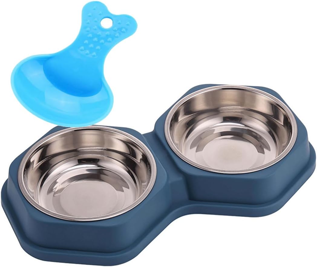 Detalle de Double Dog Bowls: Non Slip Removable Stainless Steel Double Pet Bowl 2-in-1 (Dark Blue, S)