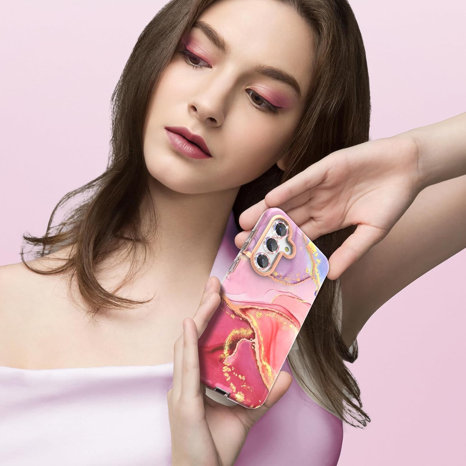 Thumbnail 5 de SHEDEER Samsung Galaxy S24 Hülle mit Glitzer Kameraschutz & Displayschutz – Marmormuster, TPU Stoßfest