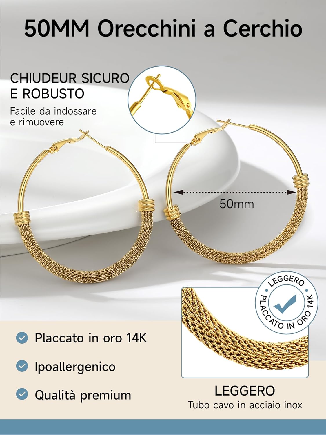 Thumbnail 3 de PROSTEEL Orecchini Cerchio a Maglia Metallica – 20–80 mm, acciaio ipoallergenico, chiusura minimalista, regalo elegante
