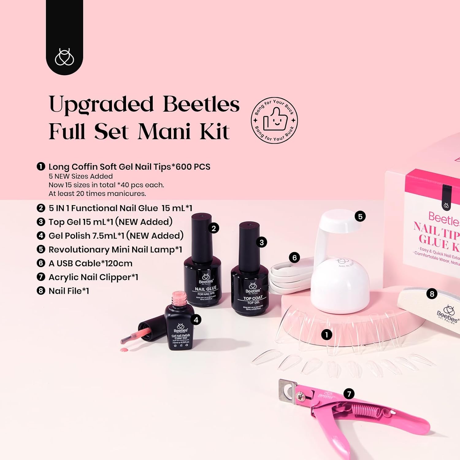 Thumbnail 6 de Beetles Gel-Nagel-Set: 600 lange Sargnagelspitzen, 5-in-1-Gelkleber, Rosa Gel, Decklack und Lampe