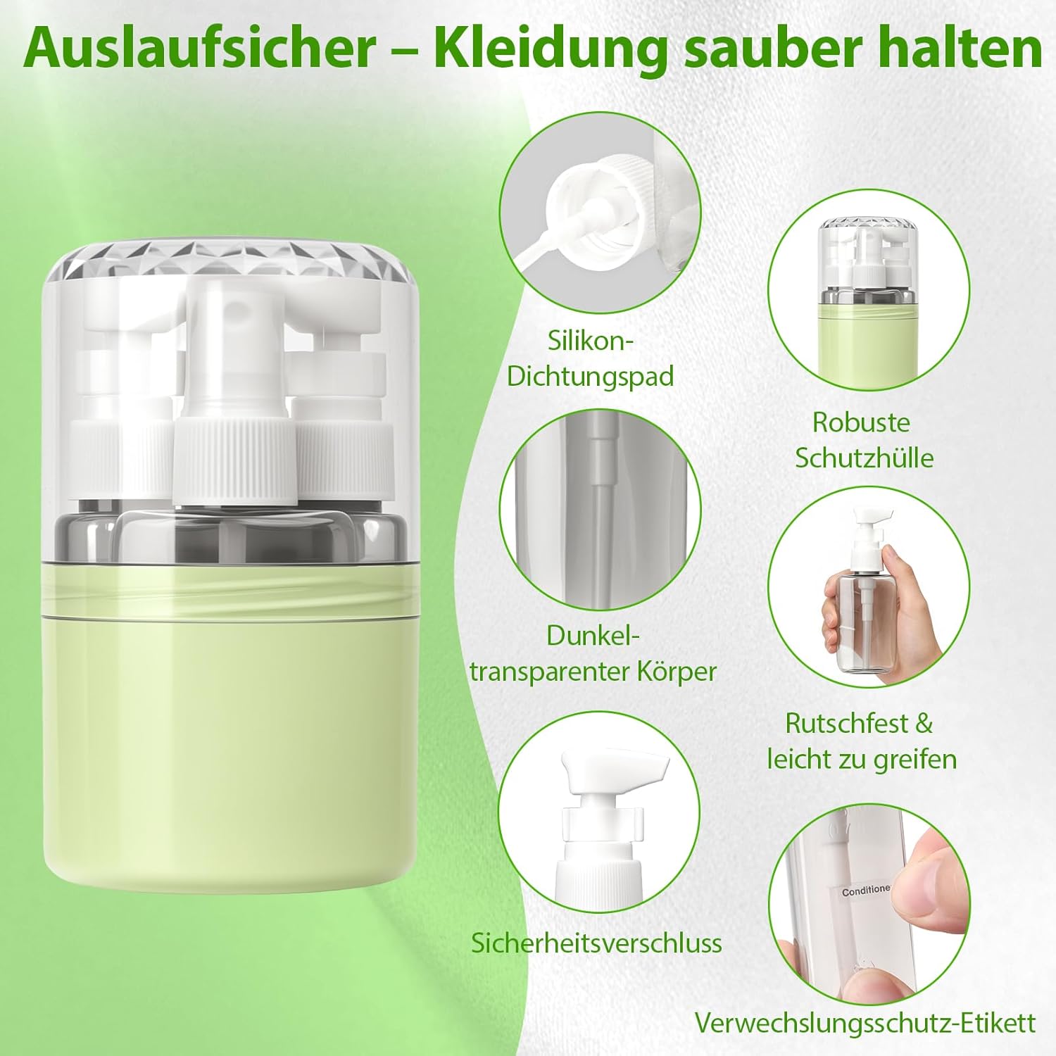 Detalle de Xiuxhae Dunkle 4-in-1 Reiseflaschen Zum Befüllen – 50 ml Pump- und Sprayflaschen im Grün, inkl. Etiketten und Trichter