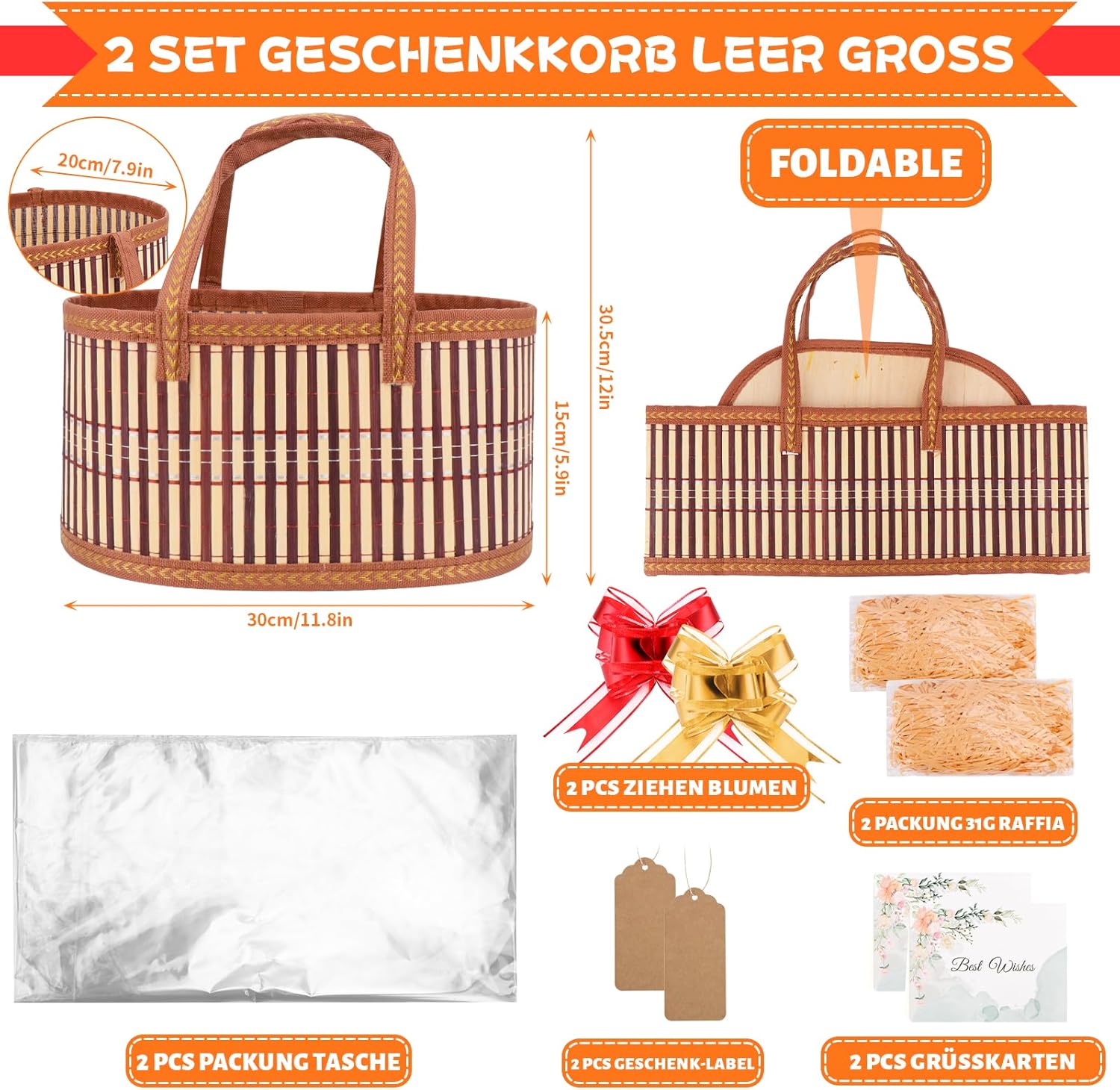 Thumbnail 1 de SelfTek Geschenkkorb Leer Groß – 2er-Set Bastelkorb aus Bambus, leer, 30x20x15 cm, inklusive Folie, Schleifen und Grußkarte