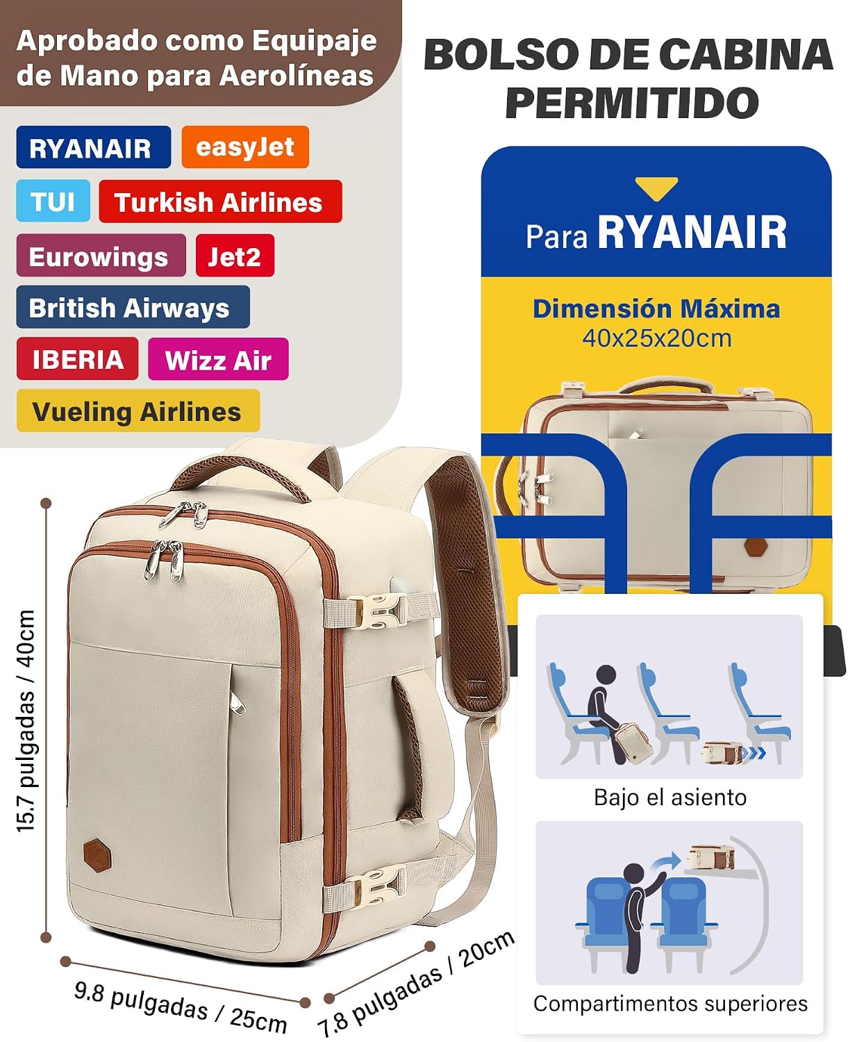 Thumbnail 2 de Mochila VANKEV Viaje Cabina 40x20x25 cm (20L) para Ryanair: cabina eficiente para portátil de 14