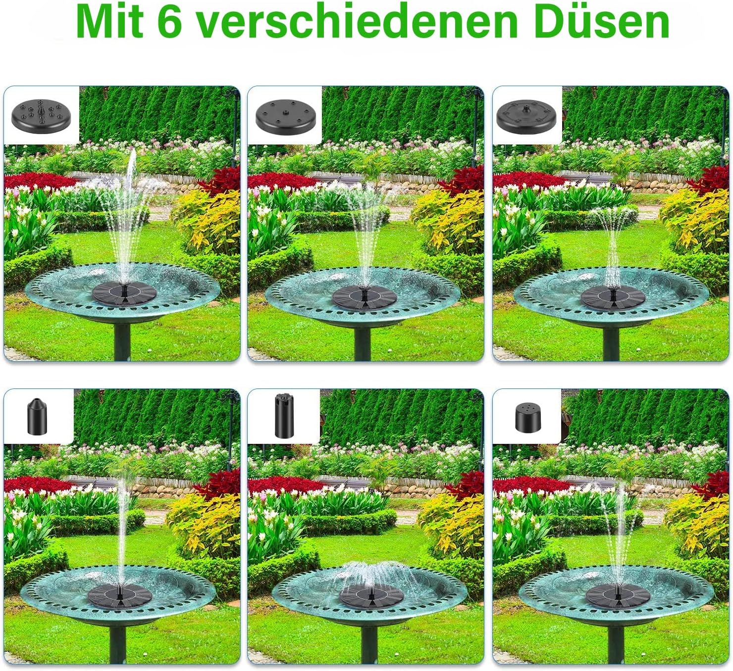 Detalle de Solar Springbrunnen für außen mit 6 Effekten und Solarwasserpumpe – für Garten, Teich & Vogelbad