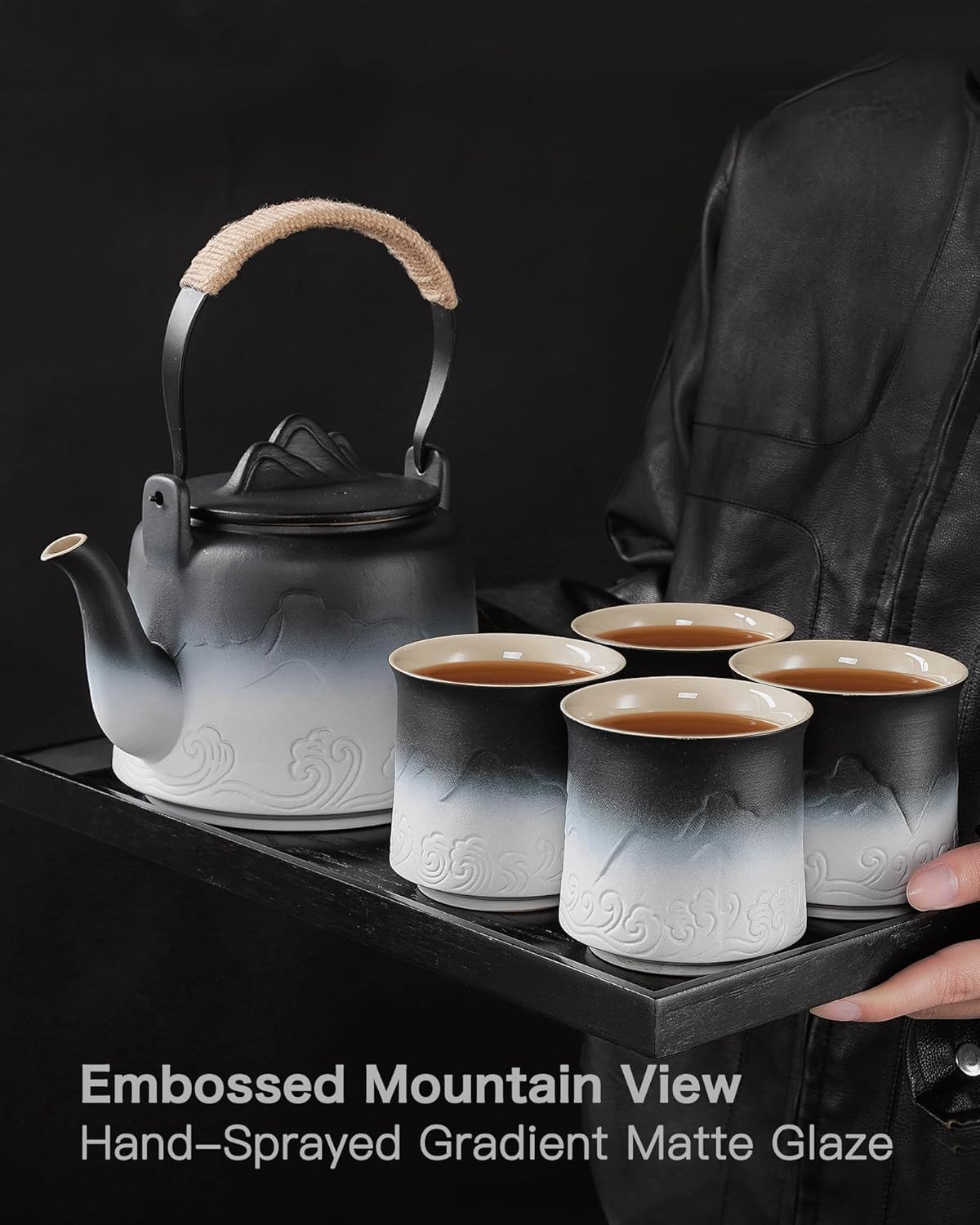 Detalle de ZENS Vintage Japanese Tea Set – 1000ml embossed teapot with built-in strainer, 4 cups