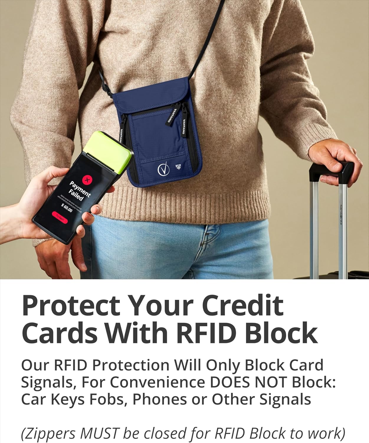 Detalle de Vantamo Pochette tour de cou – Porte-passeport RFID, bleu foncé