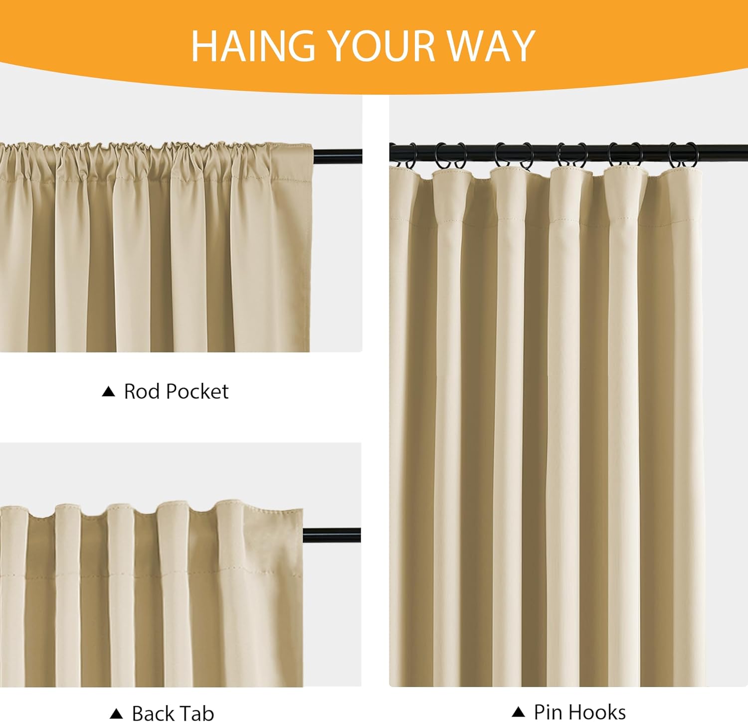 Thumbnail 5 de RYB HOME 100% Blackout Curtains for Living Room – 96 Inches Long, Beige, 2 Panels