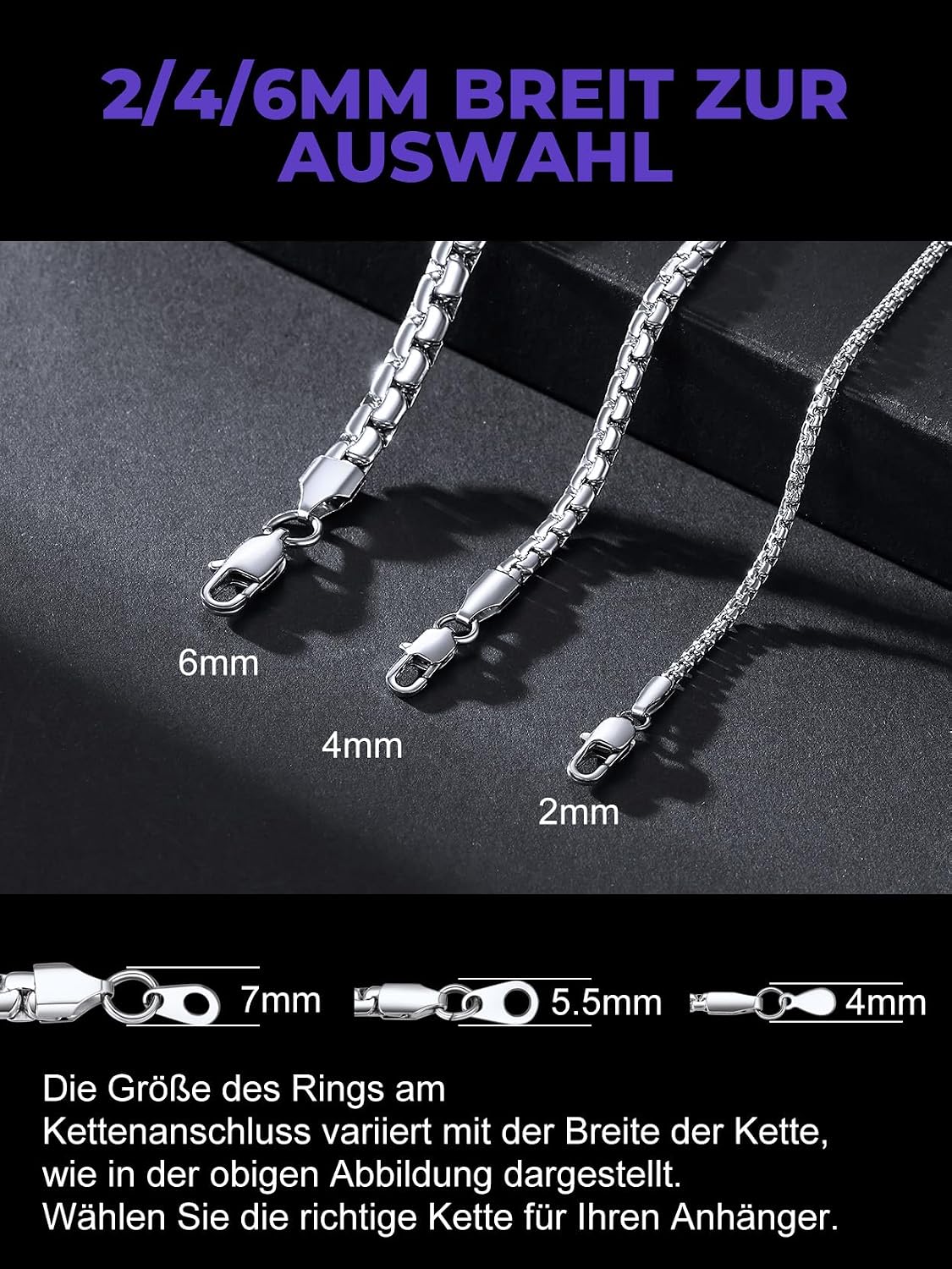 Thumbnail 5 de Richsteel Edelstahl-Kette 2/4/6 mm in Silber, Schwarz oder vergoldet – venezianisches Link-Design, 35–76 cm