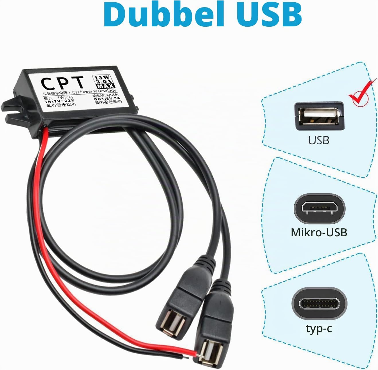 Thumbnail 2 de Heemol 12 V till 5 V USB-omvandlare med dubbel USB, 3 A och 15 W