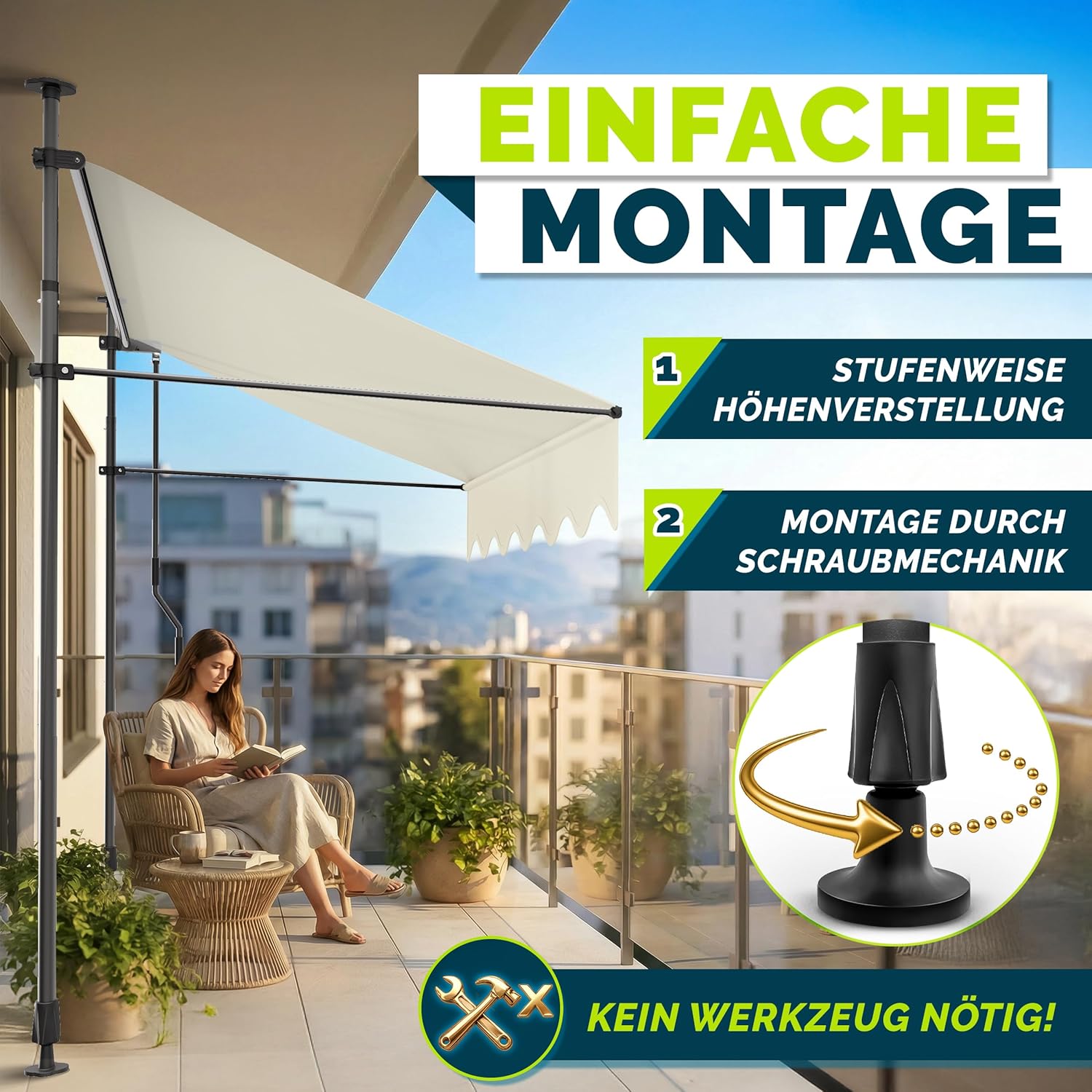 Thumbnail 2 de Tillvex Klemmmarkise mit Handkurbel – Balkonmarkise ohne Bohren, 250 cm breiter Sonnenschutz