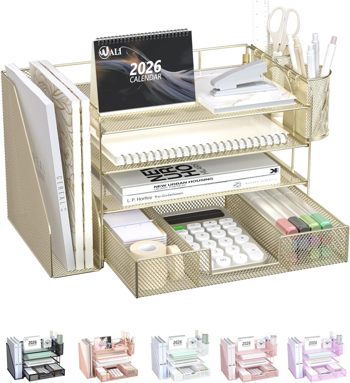 Detalle de WALI DO005DH-G Desktop File Organizer, 4-Tier Metal Letter Trays, Gold