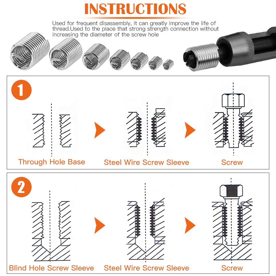Detalle 2 de Rustark 84 Pcs 304 Stainless Steel Wire Thread Inserts Set (M3–M12)