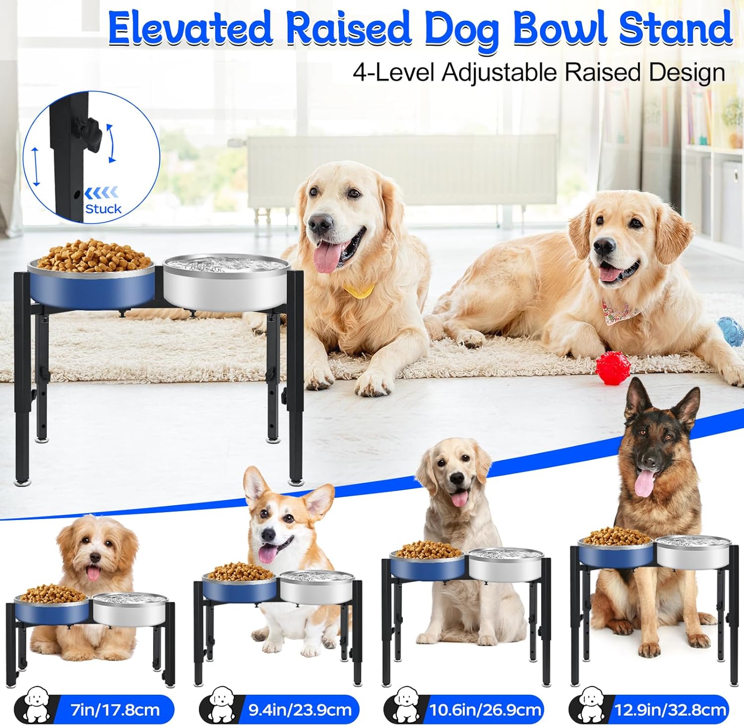Detalle 2 de Elevated Raised Dog Bowl Stand with 4 Height Adjustments (Quadrangle) – Stainless Steel Single Bowl Feeding Station