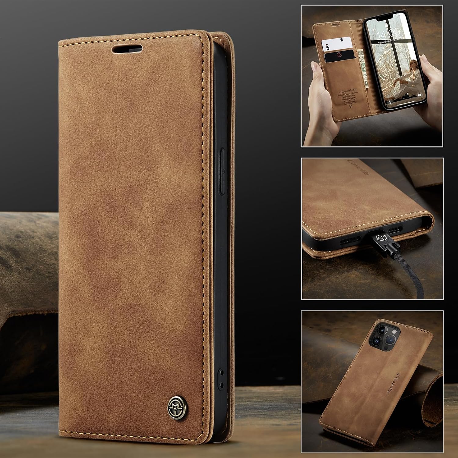 Detalle de Lanranwa Premium Lederhülle Klappbar für iPhone 13 Pro Max – Braun