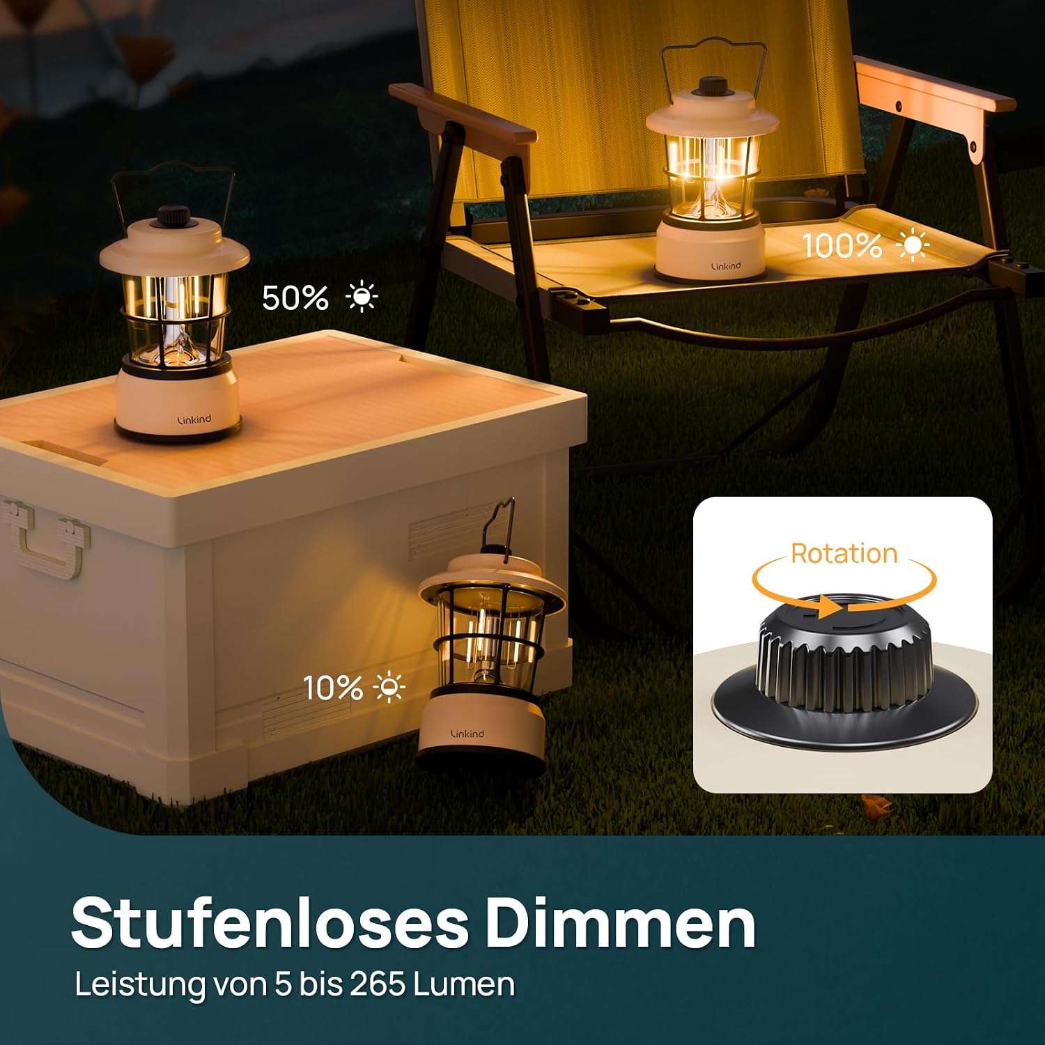 Detalle de Linkind CL1 LED Campinglampe dimmbar – 2er-Set, Vintage-Design, IP44, 200 Std. Warmlicht