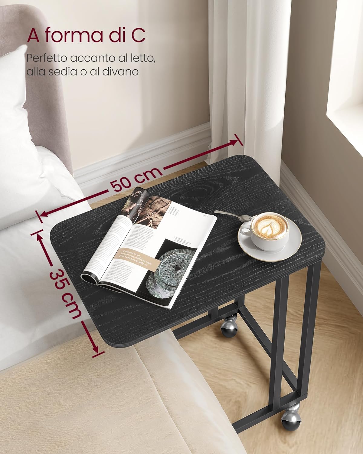 Detalle de VASAGLE LNT050B56 tavolino da letto con ruote e 4 piedi regolabili, comodino mobile nero ebano