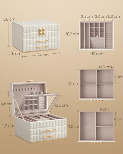 Detalle de SONGMICS HOME ANAH Collezione - Scatola Portagioie 3 Ripiani con Specchio, 2 Cassetti, PU con Cucitura, 21,5 x 24 x 15,8 cm, Bianco Nuvola