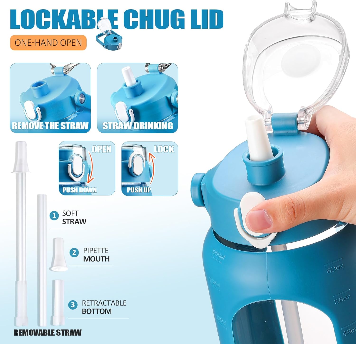 Detalle 2 de BLUEGO 2-Liter Glasflasche mit 2 Deckeln, Zeitmarkierungen und Strohhalm – auslaufsicher