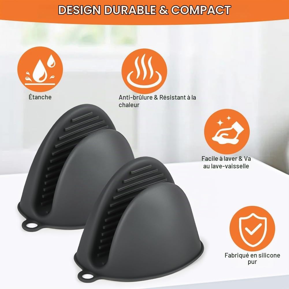 Detalle de AUAUY mini-keukenhandschoenen van siliconen, hittebestendig tot 230 °C, donkergrijs