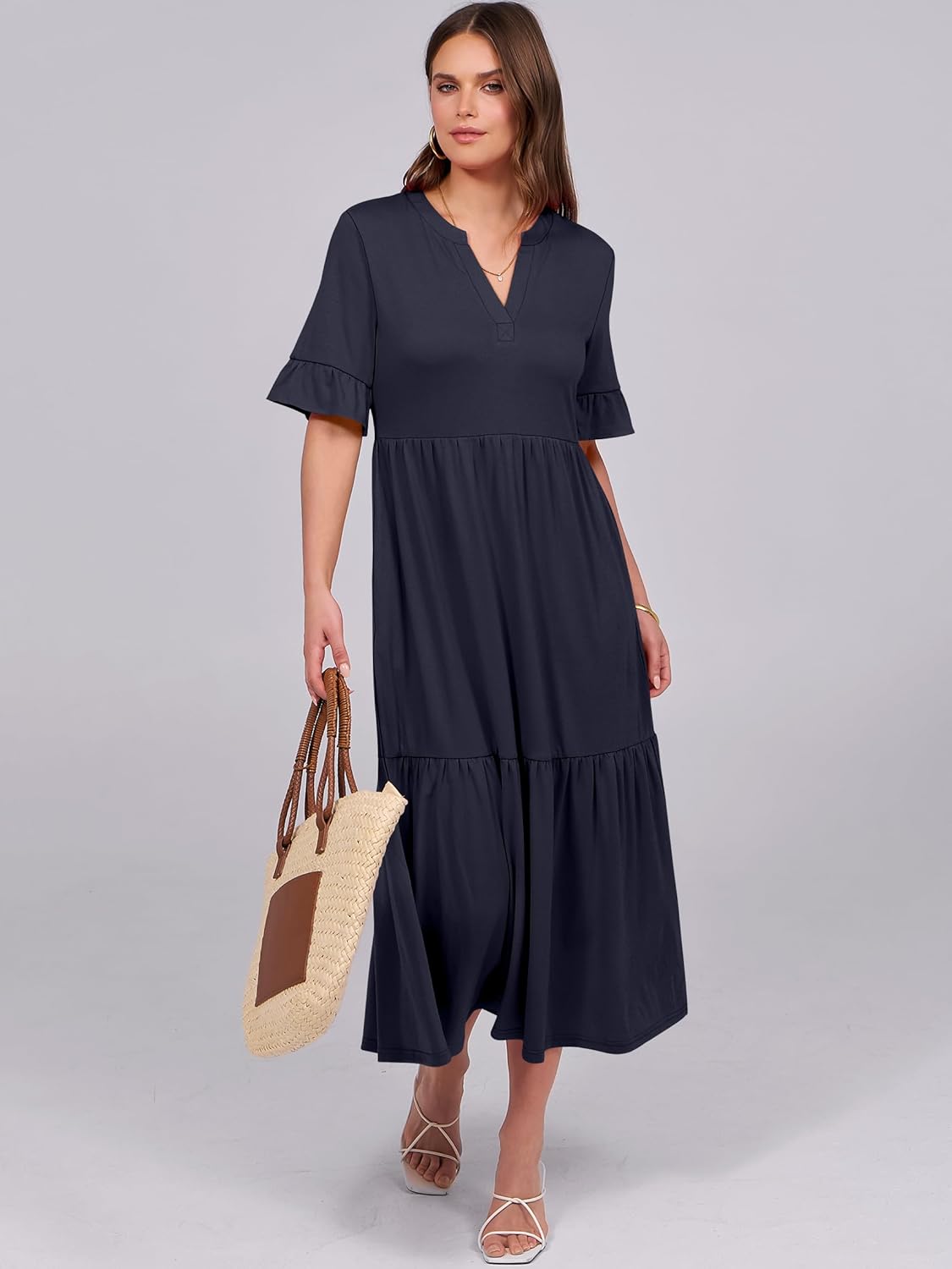 Detalle 2 de ANRABESS Women’s Summer Maxi Dress with Ruffle Short Sleeves, V-Neck & Tiered Skirt