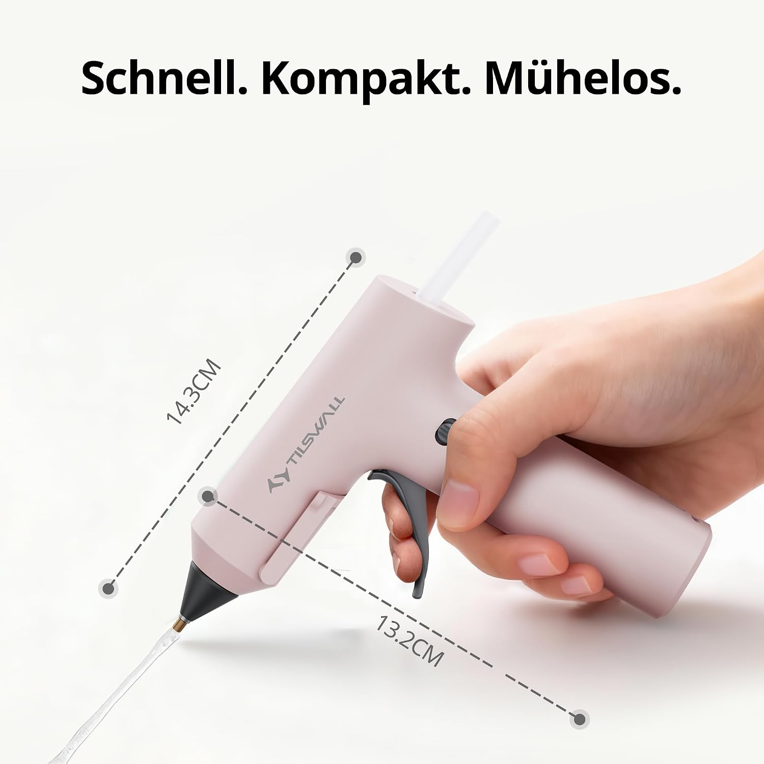 Detalle de Tilswall Kabellose Heißklebepistole – Mini, 2000 mAh Akku, 170 °C, 40–60 min Laufzeit, 20 Klebestifte, Rosa
