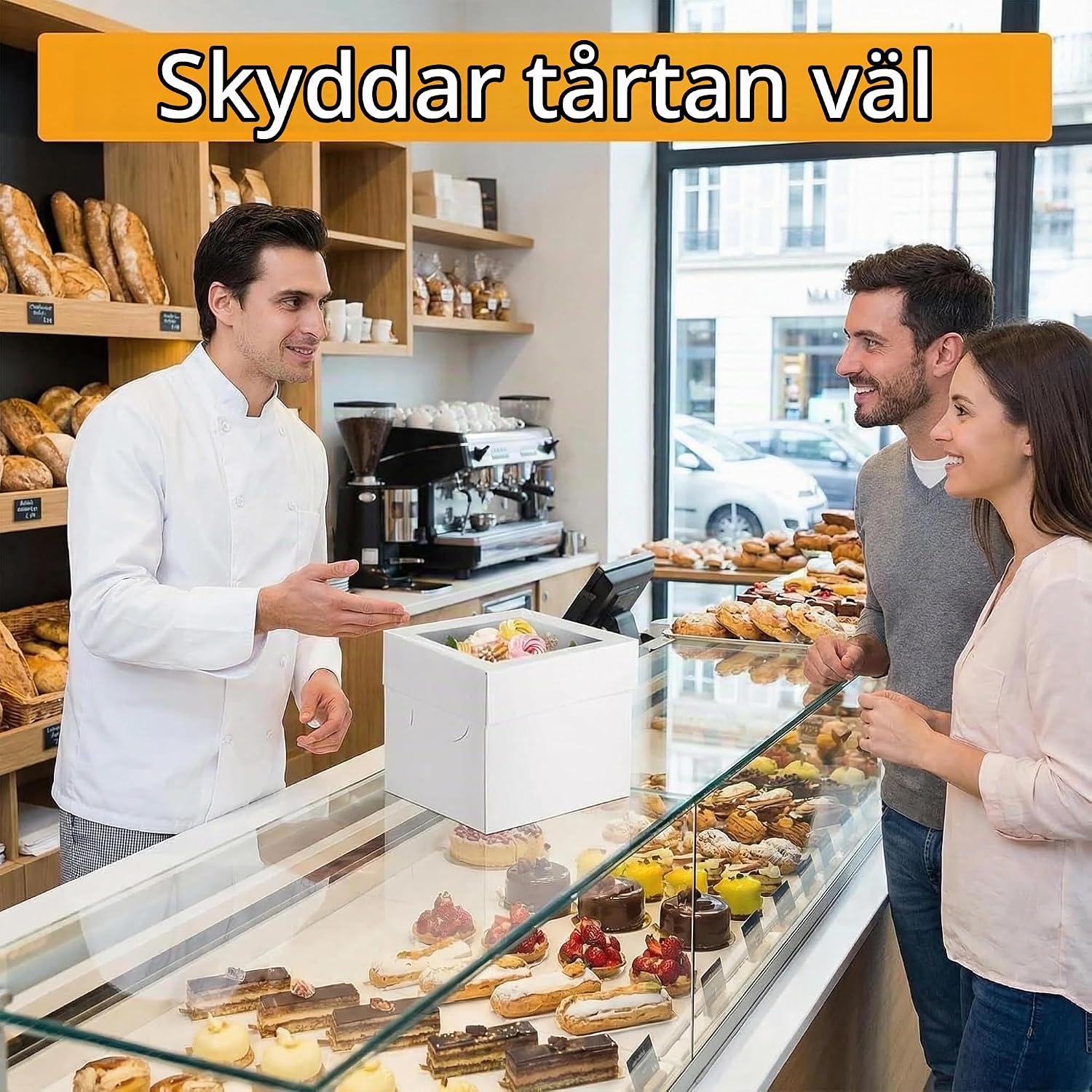 Detalle 1 de KUOGAS tårtlådor med fönster, 25 × 25 × 20 cm, 10-pack med brickor