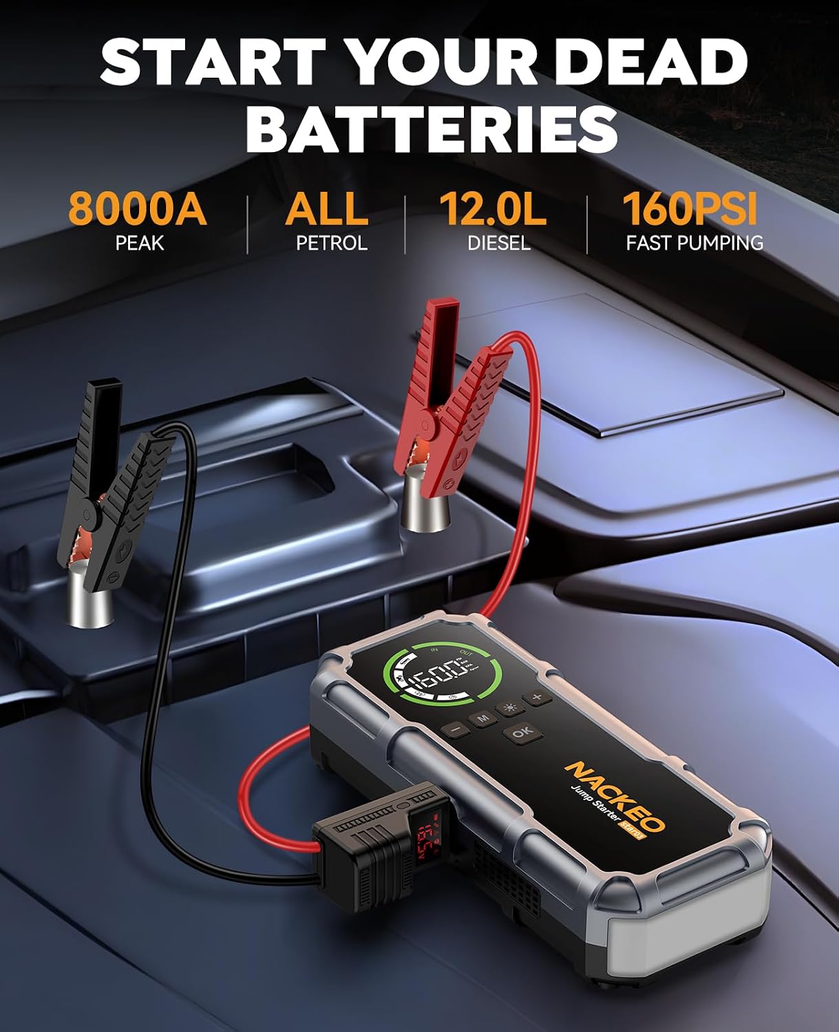 Detalle 2 de 7000A Jump Starter Power Pack with 160PSI Air Compressor,Car Battery Booster Jump Starter for 12V Vehicle(Up to All Petrol/10L Diesel),Car Jump Pack with LED Screen,Charging Function,Flashlight
7000A Jump Starter Power Pack with 160PSI Air Com…