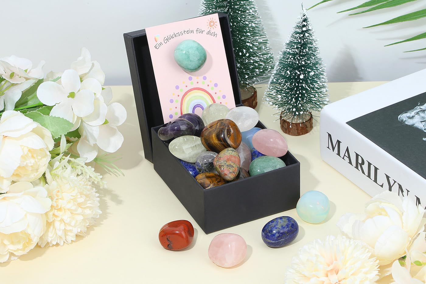 Detalle de GUJOXILA Glückssteine Set – 10 Rohsteine mit Karten, Nanogel-Platte und Geschenkbox