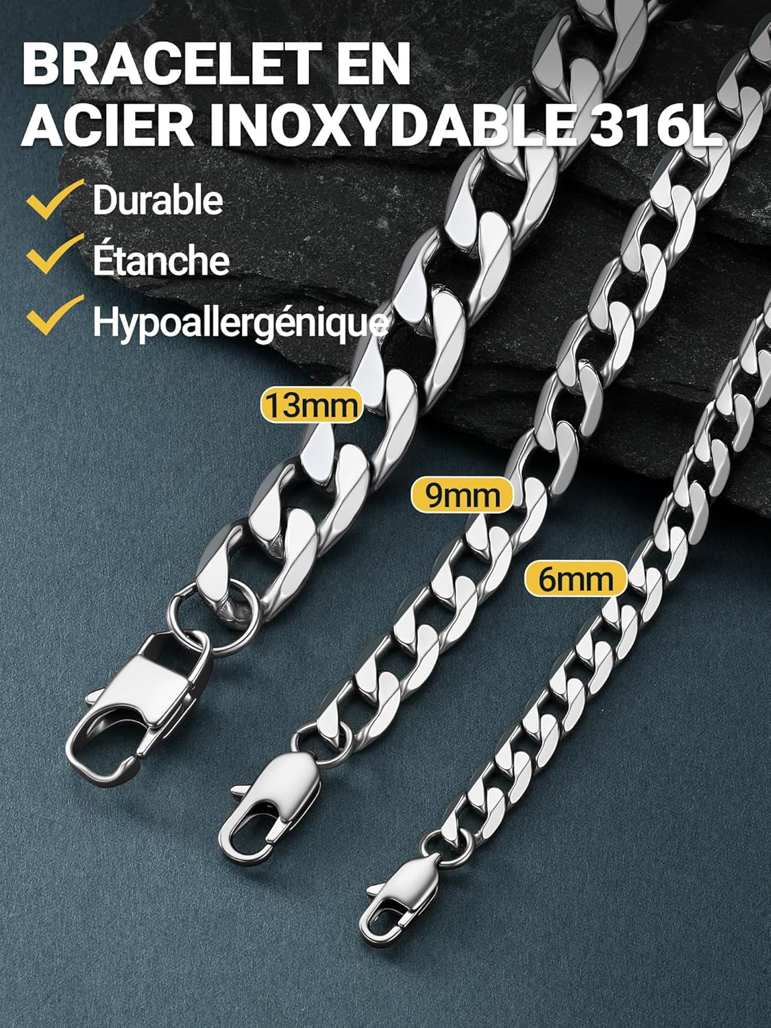 Thumbnail 4 de PROSTEEL Gouremtte gourmette acier inoxydable 19/21/23 cm, maille cubaine noir ou plaqué or jaune, largeur 6/9/13 mm