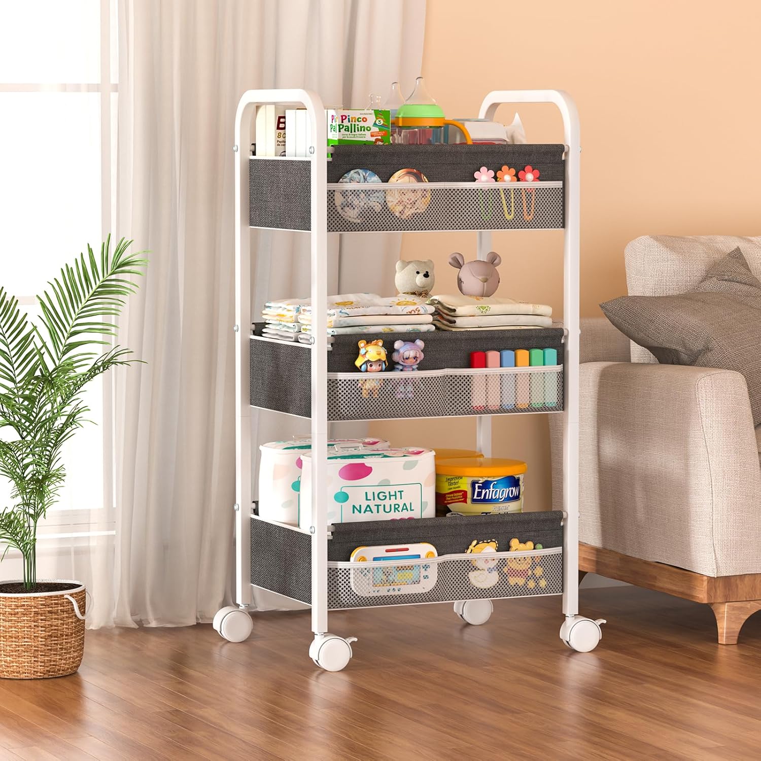Detalle 2 de Baby Diaper Caddy Rolling Utility Cart, 3-Tier Nursery Organizer in White