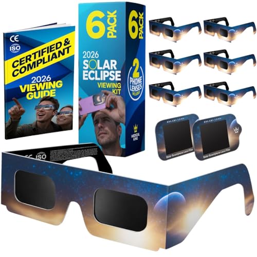 Detalle de Gafas Eclipse Solar Homologadas ISO 12312-2 - Pack de 6 con 2 Filtros para Smartphone y Guía de Observación (Medical king)
