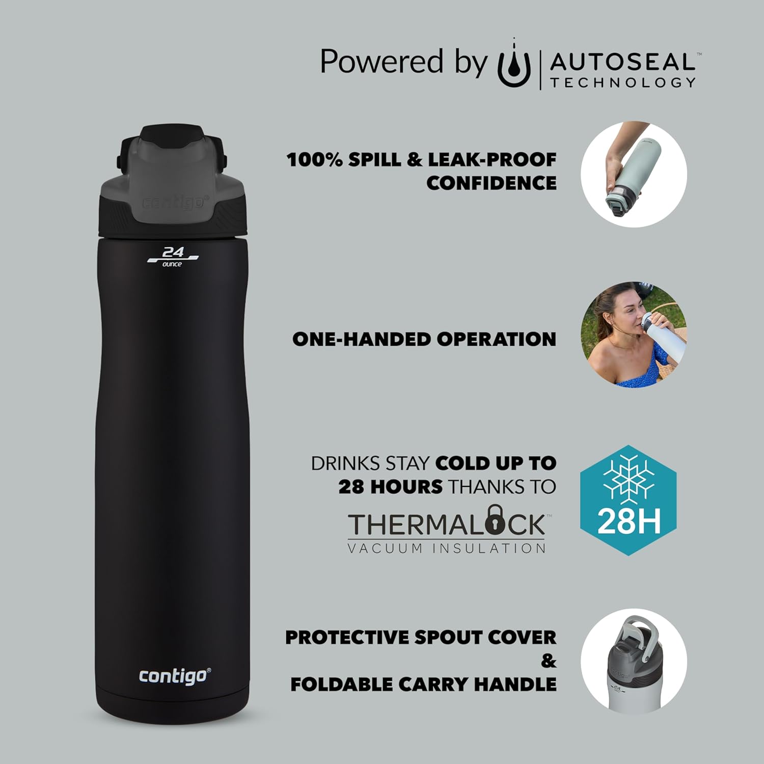 Detalle de Contigo Gourde Autoseal Chill Isotherme 720 ml – Inox Matte, Anti-fuite et fraîcheur garantie
