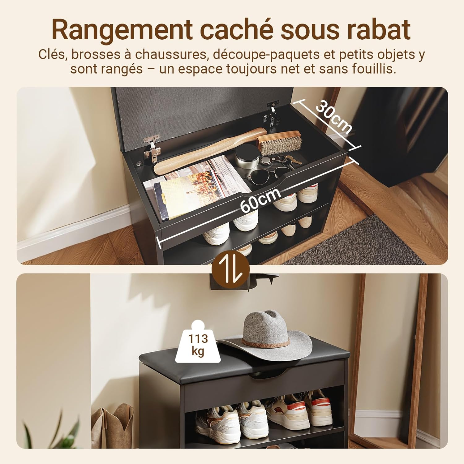 Detalle de SoBuy Banc Chaussures Entrée FSR25-SCH – Banc de rangement 3 en 1, 60 × 30 × 43 cm, noir