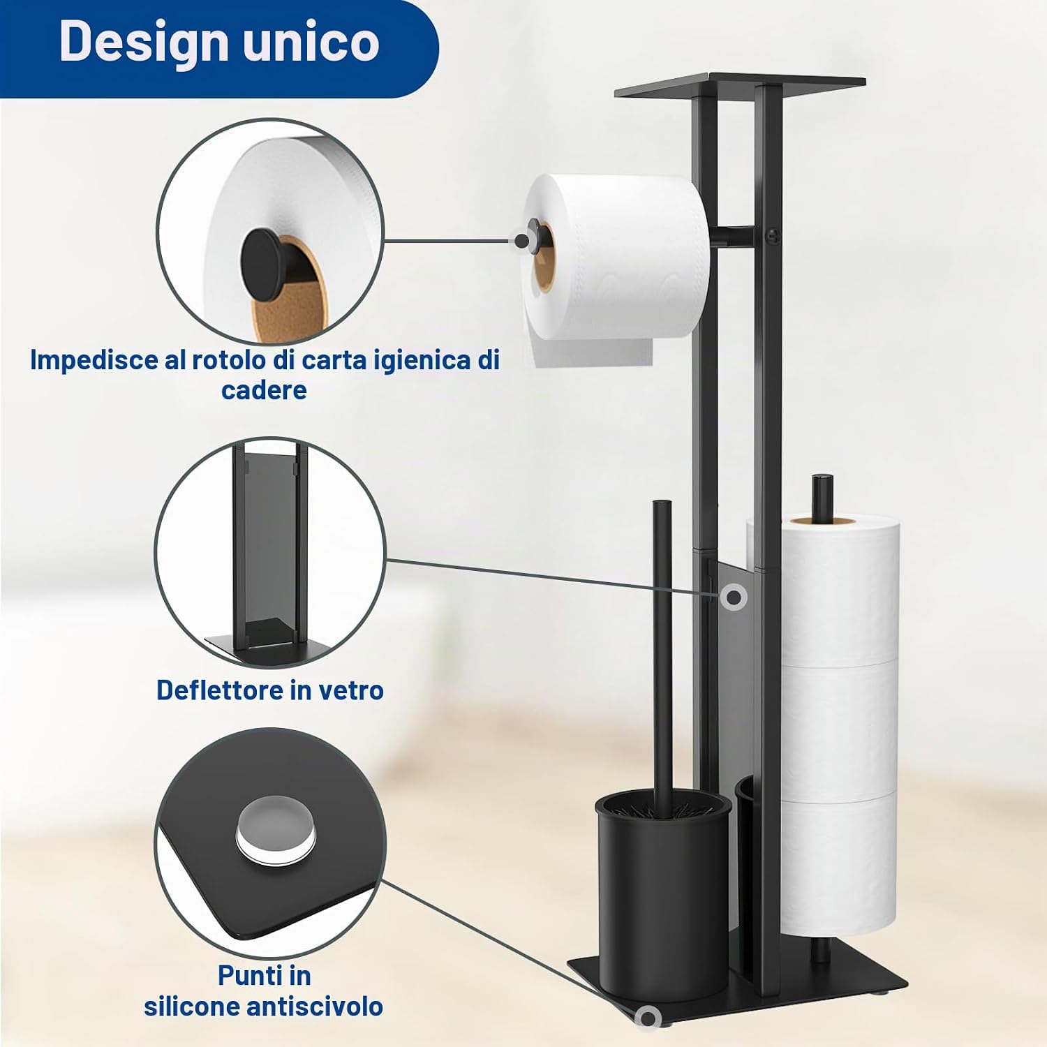 Thumbnail 1 de Susswiff Porta carta igienica in acciaio inox con ripiano, scopino e scatola salviettine umidificate – nero opaco