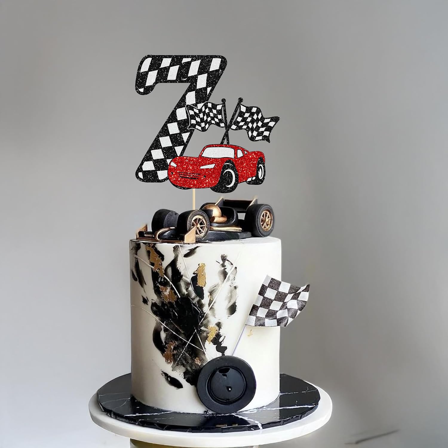 Detalle de Gyufise 7th レースカーケーキトッパー グリッター・チェッカーフラッグテーマ