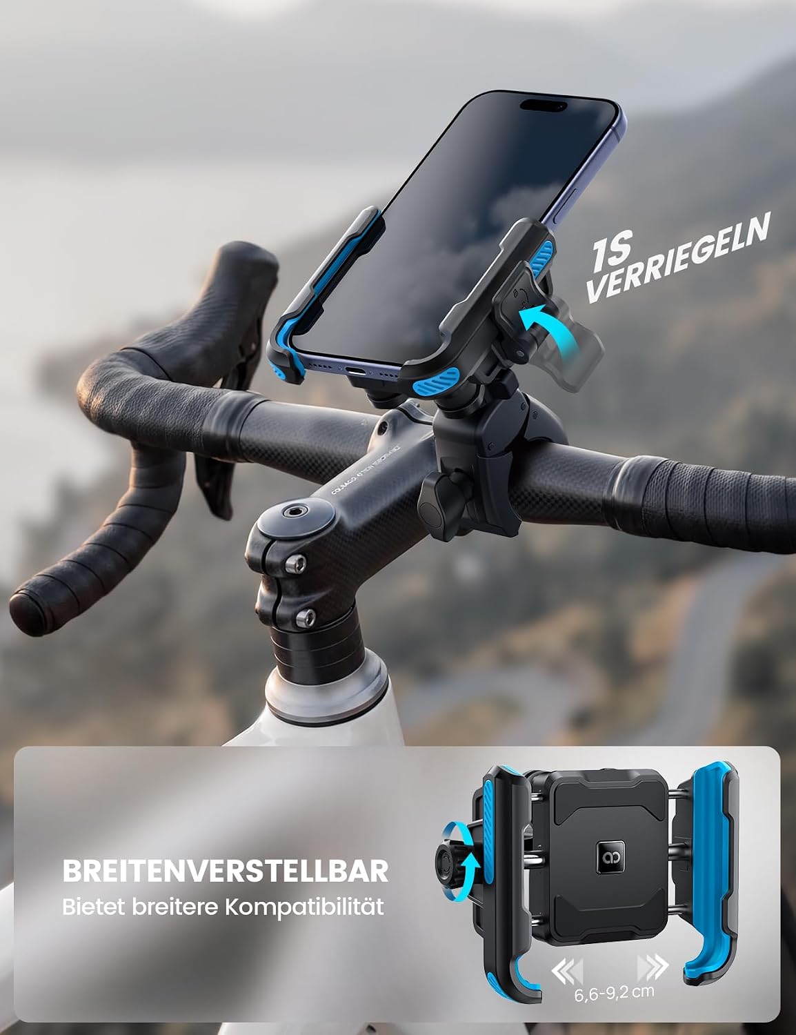 Detalle 2 de Lamicall Motorrad-Handyhalterung mit Dämpfung – 360° Verstellung, kompatibel mit iPhone 17/16 und 4,7–7,2 Zoll Smartphones