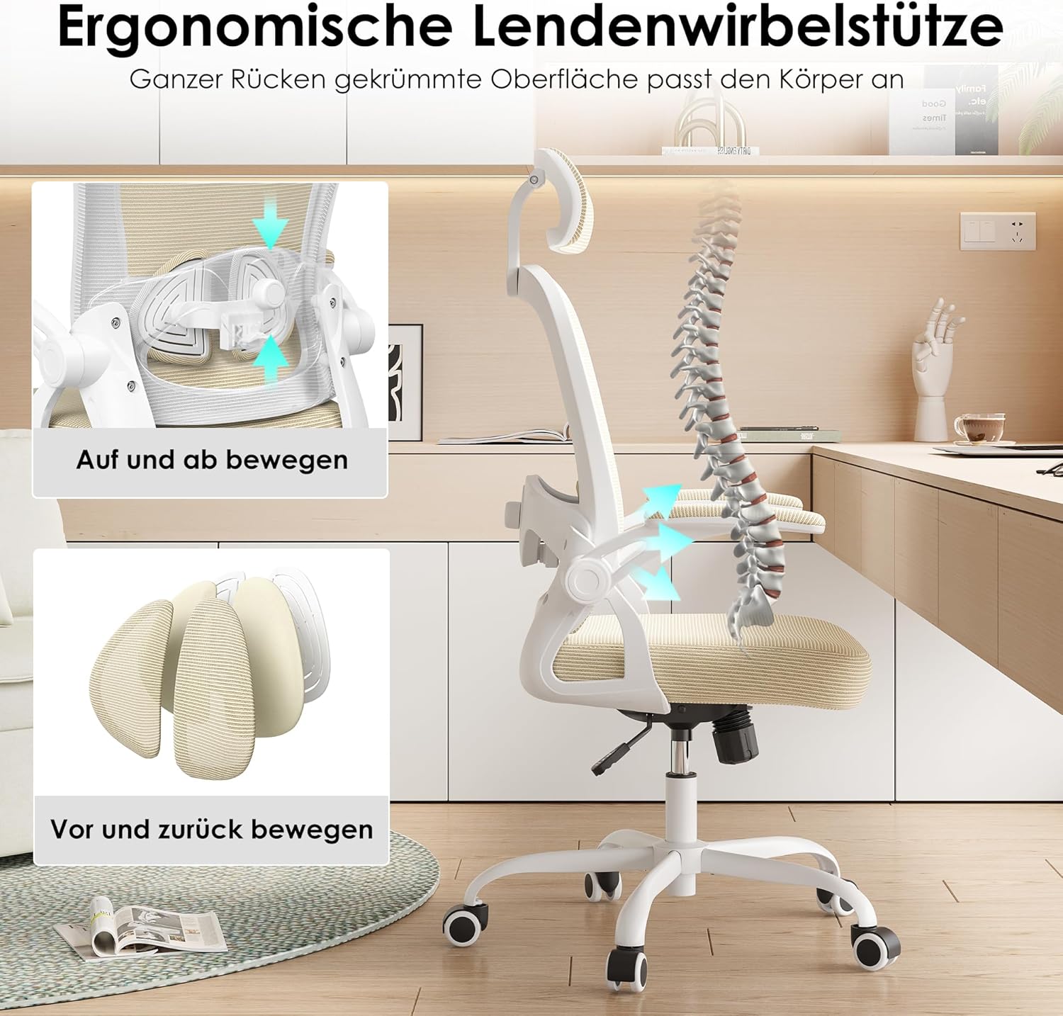Thumbnail 4 de Farini Höhenverstellbarer Schreibtischstuhl mit Armlehnen – Ergonomischer Office Chair Khaki