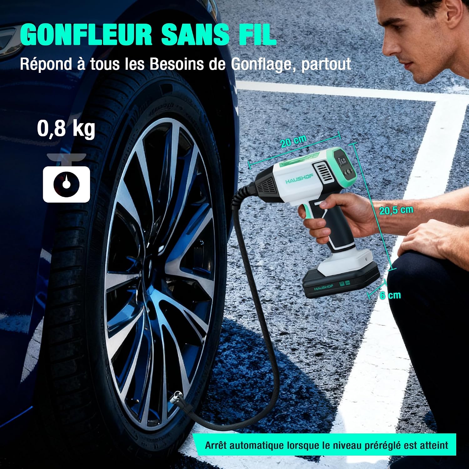 Detalle de HAUSHOF Gonfleur électrique sans fil 150 PSI pour voiture