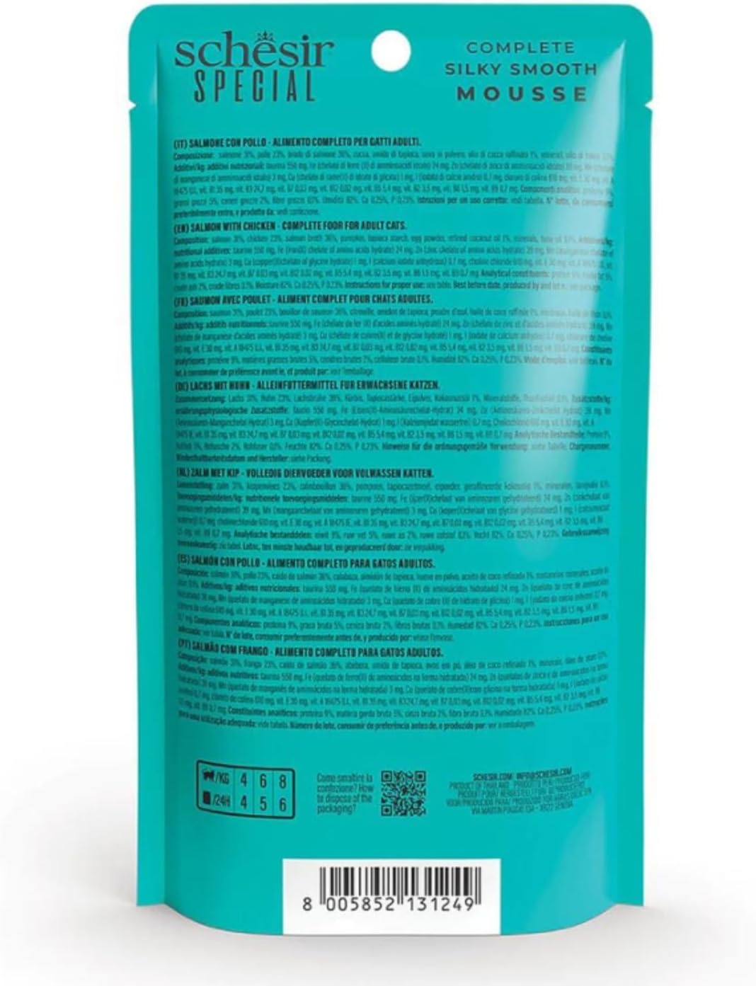Detalle de Schesir Special Skin & Coat komplett våtfoder för vuxna katter, lax och kyckling, 12 x 70 g