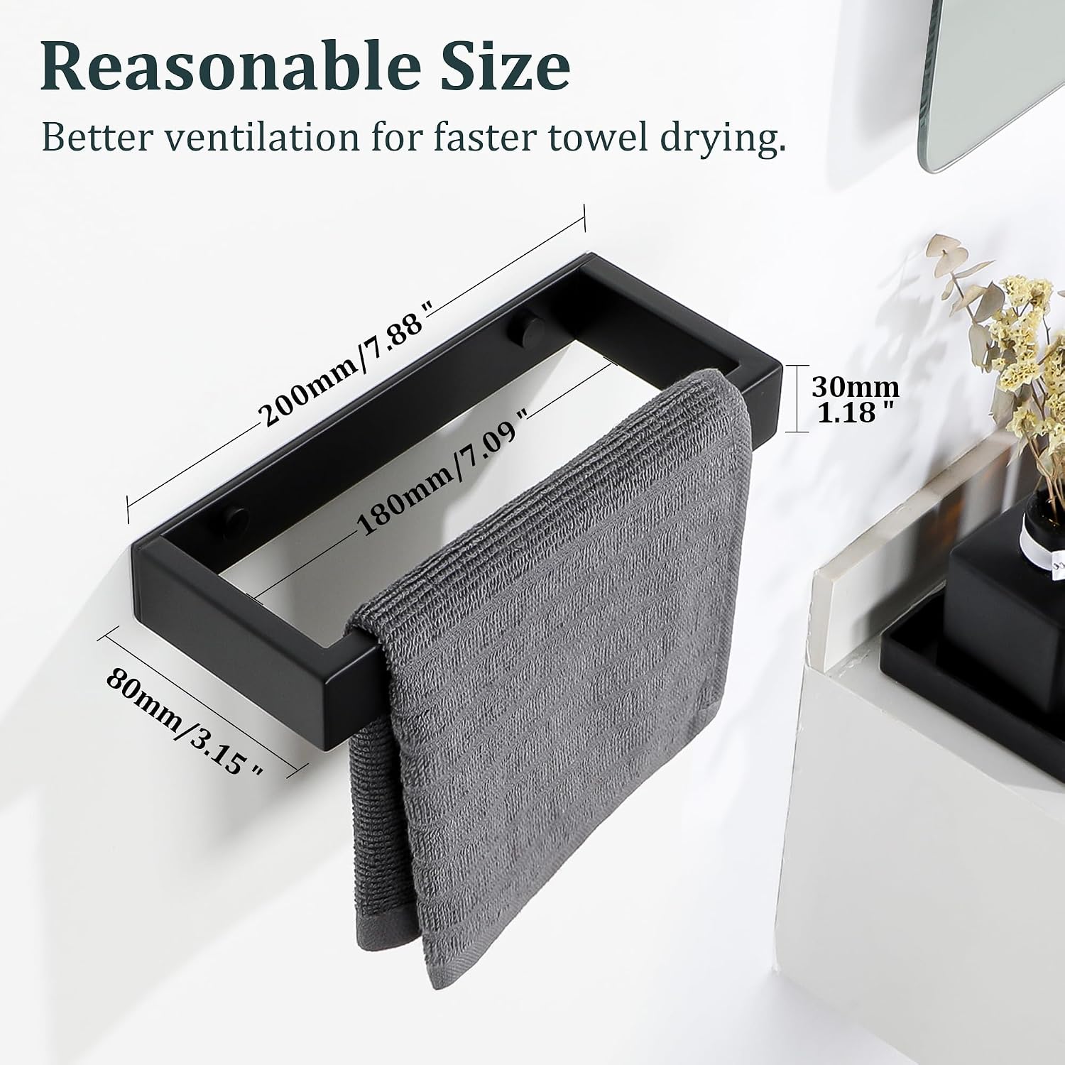 Thumbnail 3 de SAYAYO Porte-Serviette Salle de Bain Adhésif/Montage à Vis en SUS304, 20 cm, Noir Mat – sans perçage