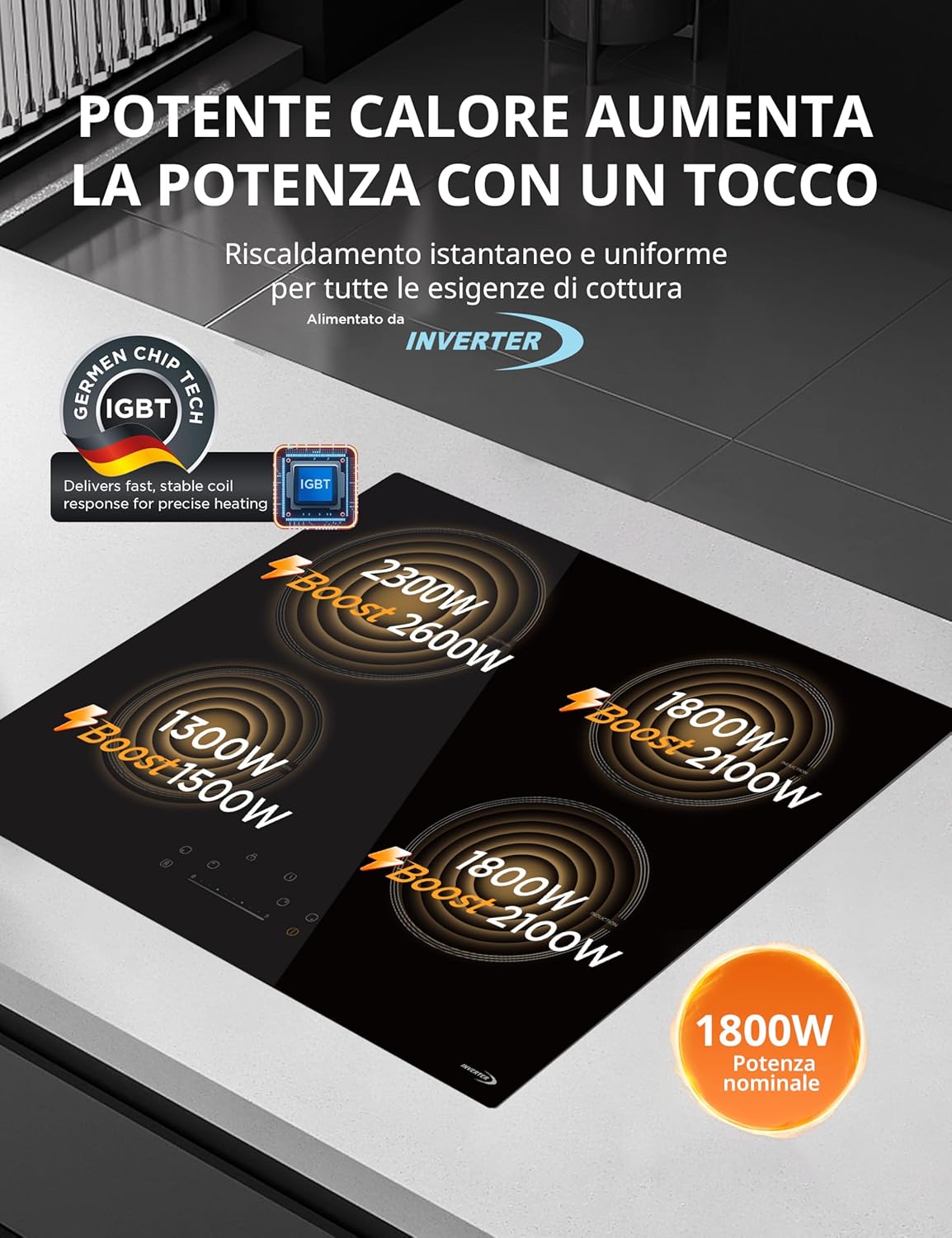 Thumbnail 3 de Comfee CIH741F238K0 piano cottura a induzione 7200 W con 4 fuochi, 9 livelli e funzione Boost