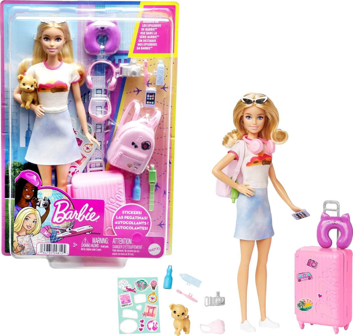 Detalle de Barbie Malibu: Set da viaggio con bambola, cagnolino e oltre 10 accessori – valigie funzionanti