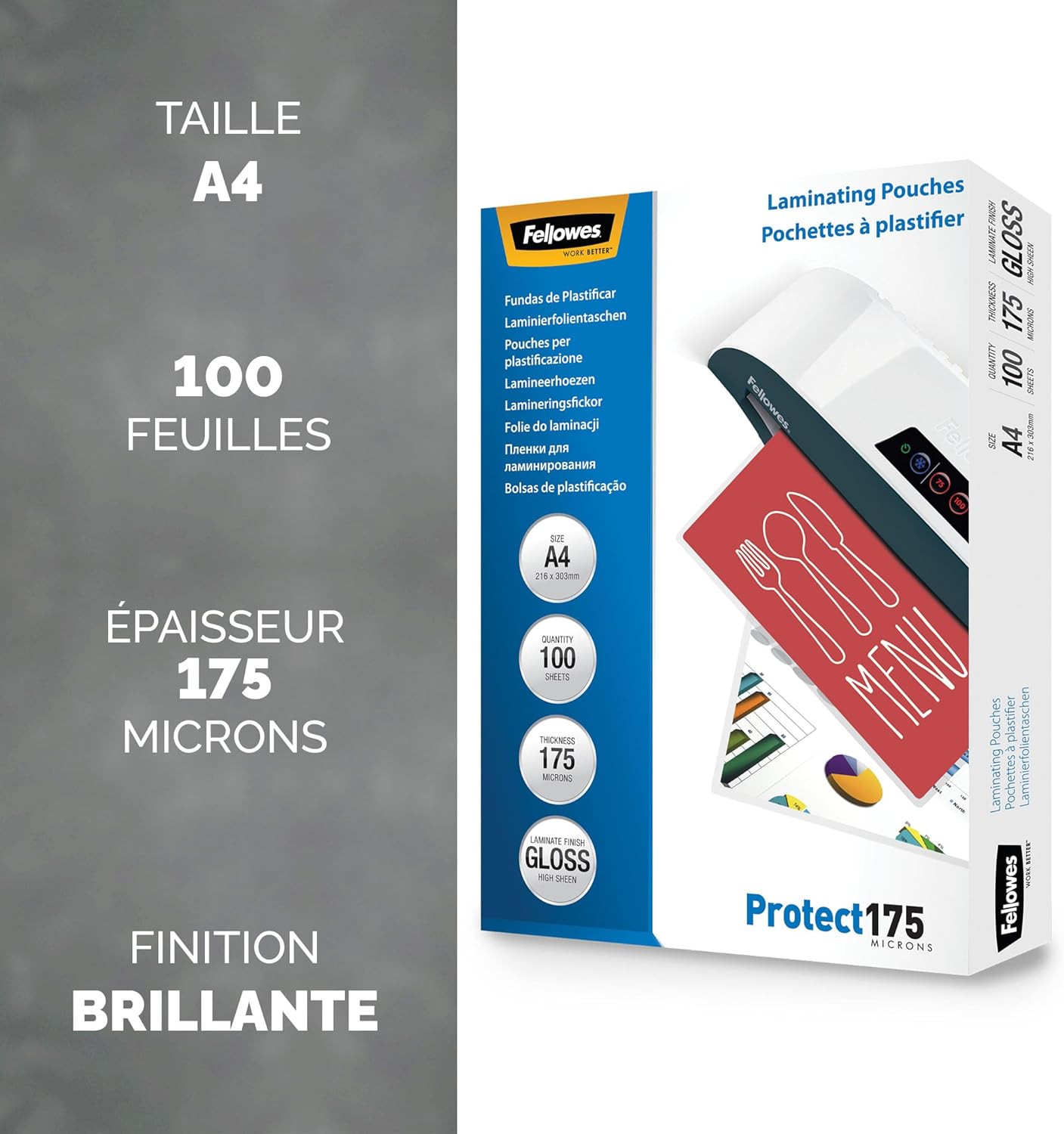 Thumbnail 1 de Pochettes de plastification Fellowes A4 175 microns – pack 100, finition brillante