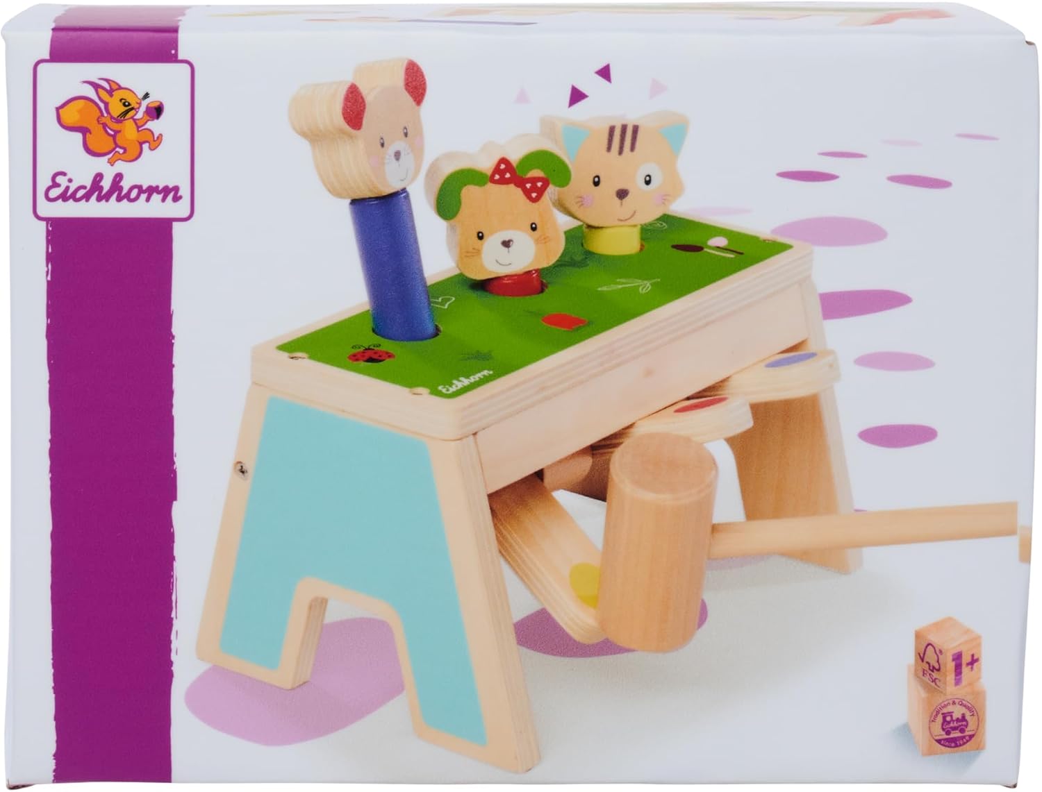 Thumbnail 6 de Eichhorn Pop Up Klopfspiel Friends – 3 bunte Spielflächen, Holzhammer, FSC Birkenholz, ab 1 Jahr, 13×19 cm