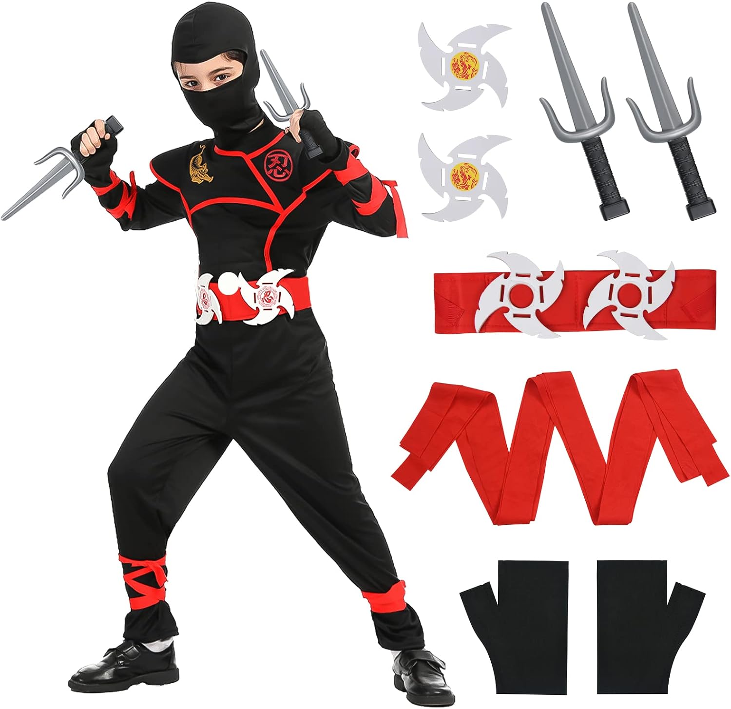 Aomig Vestito Ninja per Bambini – Costume completo con accessori in plastica e schiuma