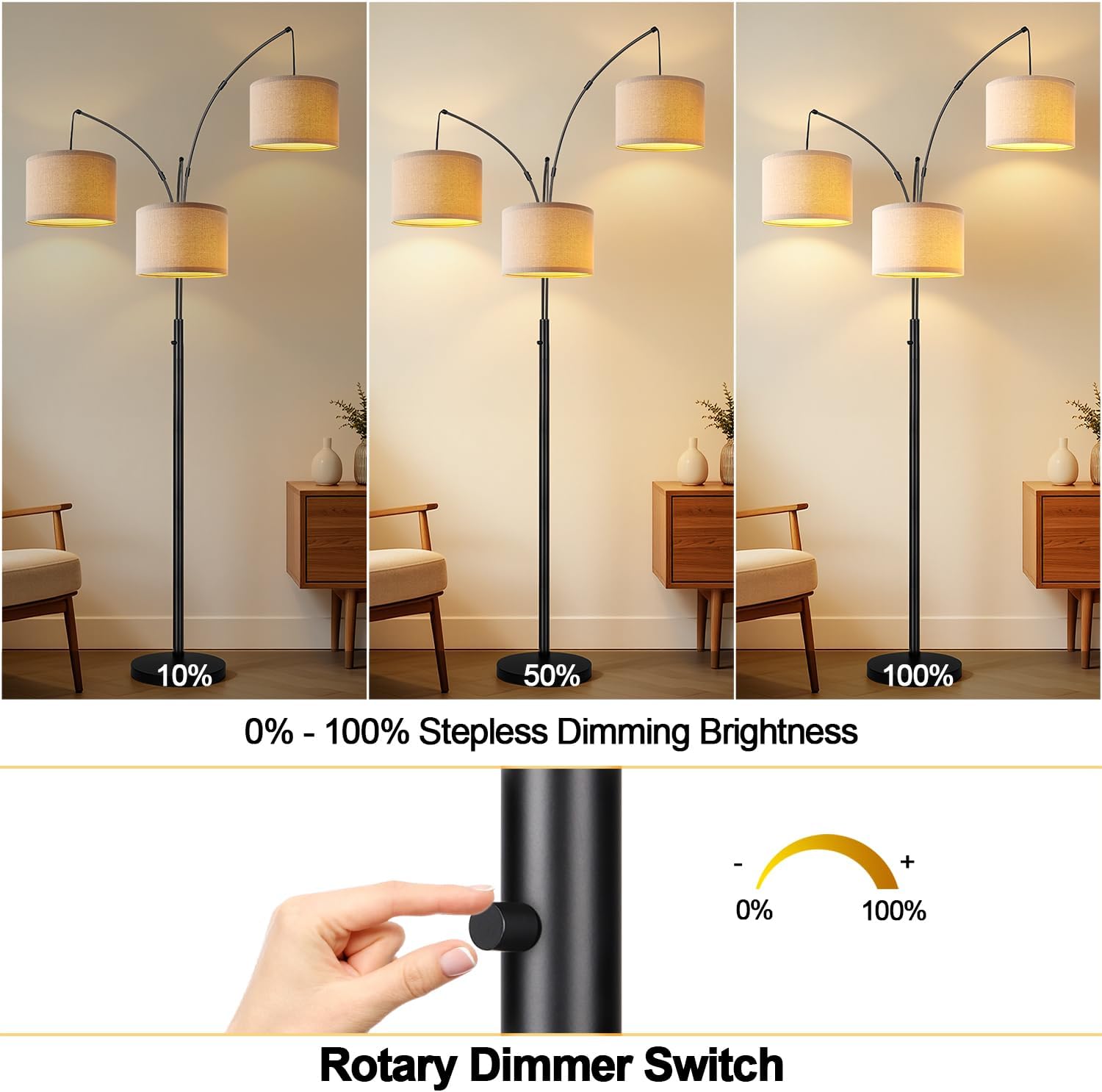 Thumbnail 2 de Nintiue Dimmable 3-Light Arc Floor Lamp with Beige Shades (E26, 1000LM, 203cm)
