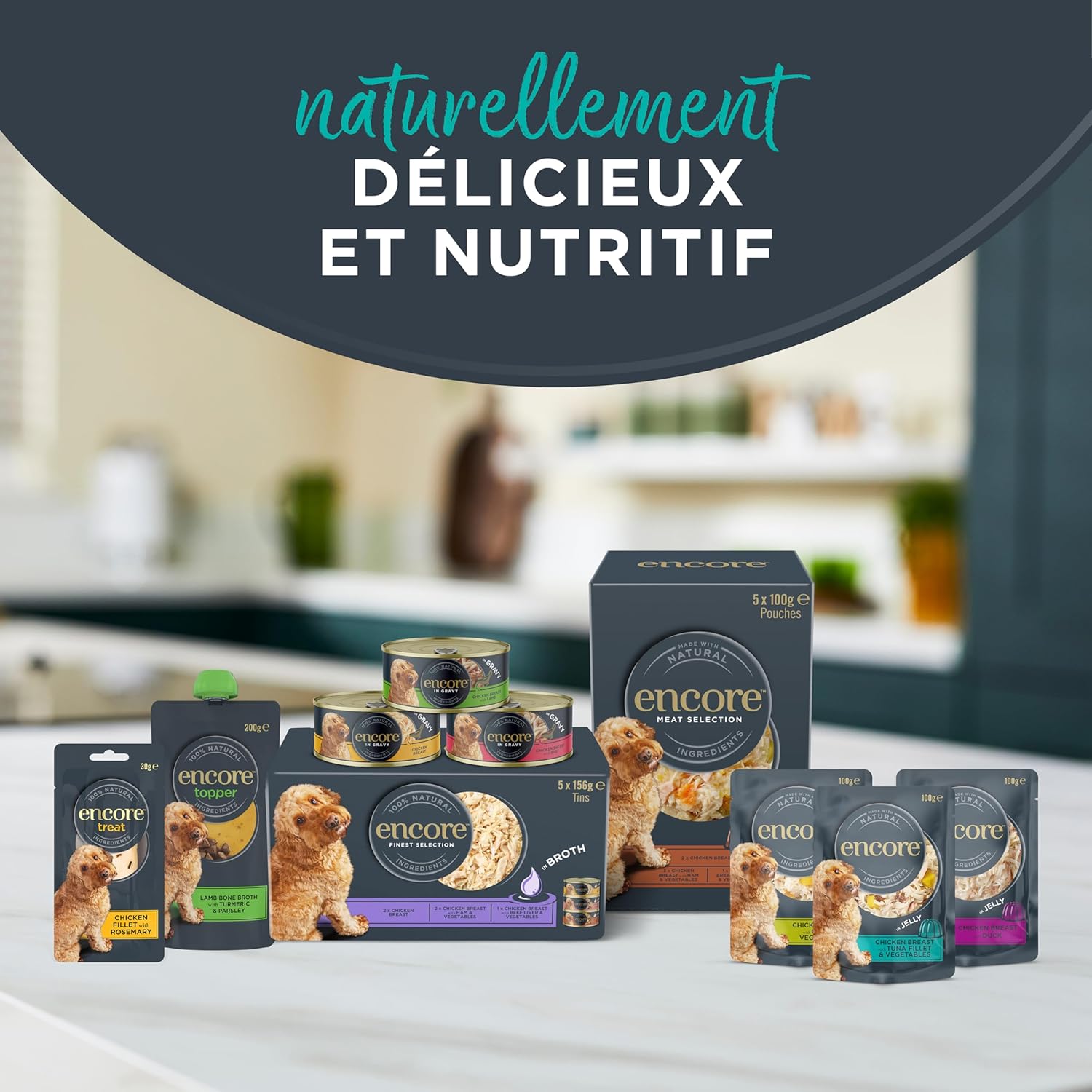 Detalle de Encore Alimentation Humide Premium pour Chiens Adultes – Poulet en Bouillon, Lot de 20 boîtes de 156 g