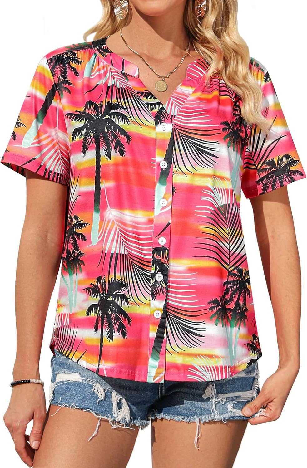 Thumbnail 6 de WIEIYM Womens Hawaiian Floral V-Neck Short Sleeve Shirt