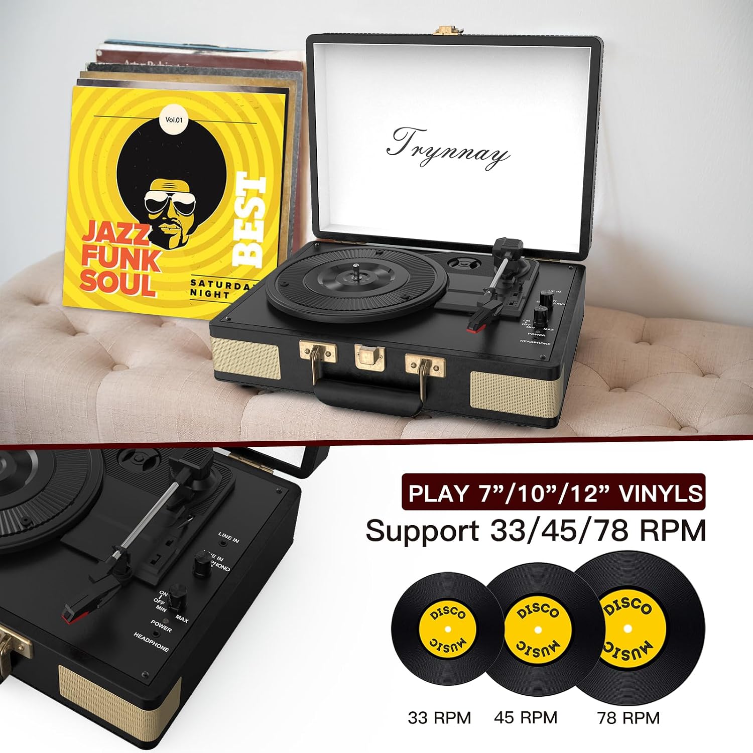Detalle 2 de Trynnay Record Player 3 Speed Bluetooth Portable Suitcase Vinyl Player with Built-in Speakers – Vintage Black
